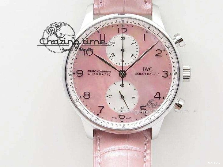 MIROTIME 0311 Portuguese 40mm Chrono SS Pink MOP Dial on Pink Leather Strap A Reliable 7391